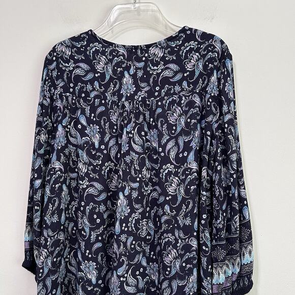 Garnet Hill Boho Border Print Blouse 6 Blue Paisley Floral Peasant Crinkle Shirt - Picture 7 of 9